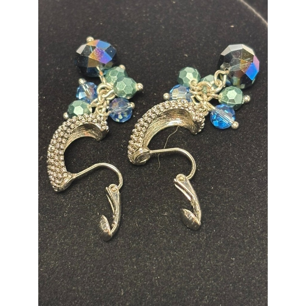 Napier Vintage Earrings Silver‎ Tone Blue Crystal Dangle Clip On Sparkly